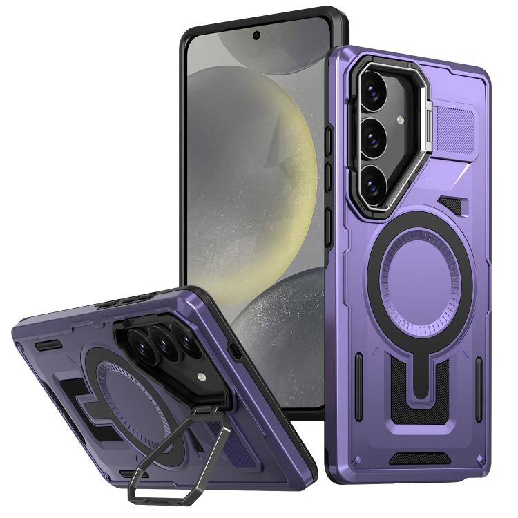 

For Samsung Galaxy S24 5G Shield Hollow Frame Holder MagSafe Phone Case(Purple)