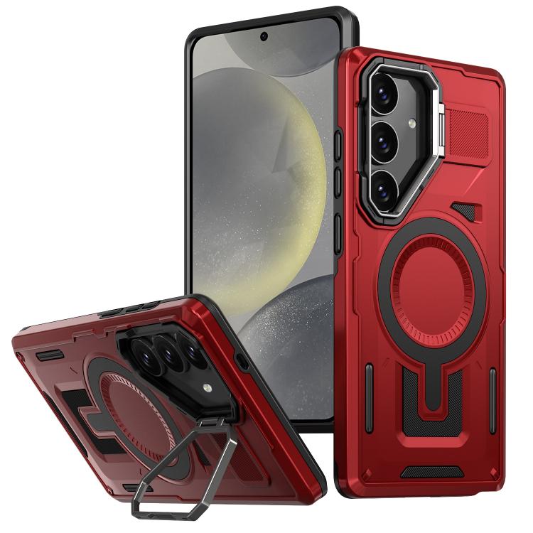 

For Samsung Galaxy S24+ 5G Shield Hollow Frame Holder MagSafe Phone Case(Red)