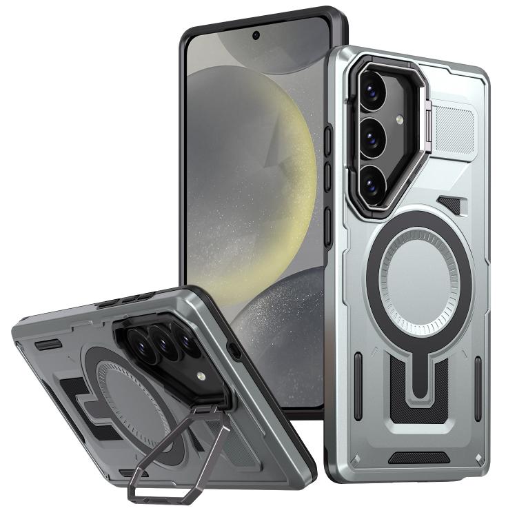 

For Samsung Galaxy S24+ 5G Shield Hollow Frame Holder MagSafe Phone Case(Grey)