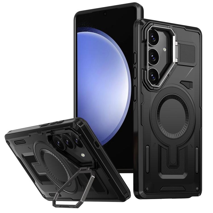 

For Samsung Galaxy S23 FE 5G Shield Hollow Frame Holder MagSafe Phone Case(Black)