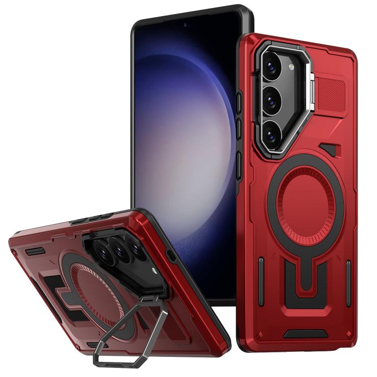 

For Samsung Galaxy S23+ 5G Shield Hollow Frame Holder MagSafe Phone Case(Red)