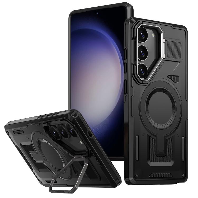 

For Samsung Galaxy S23 5G Shield Hollow Frame Holder MagSafe Phone Case(Black)