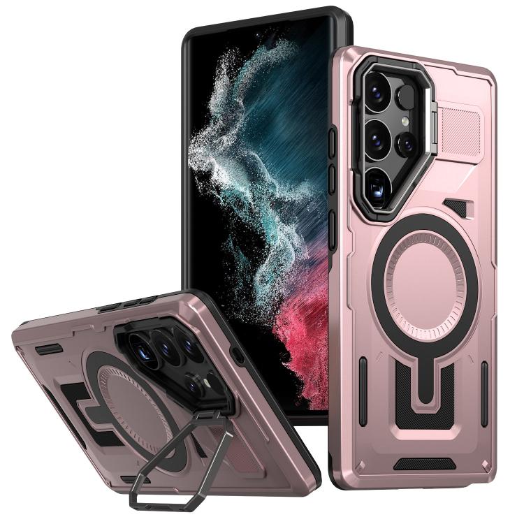 

For Samsung Galaxy S22 Ultra 5G Shield Hollow Frame Holder MagSafe Phone Case(Rose Gold)