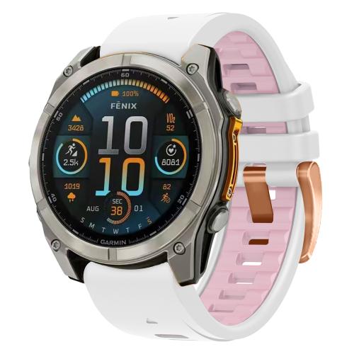 For Garmin Fenix 8 AMOLED 43mm Rose Gold Steel Buckle Quick Release Silicone Watch Band(White Pink)