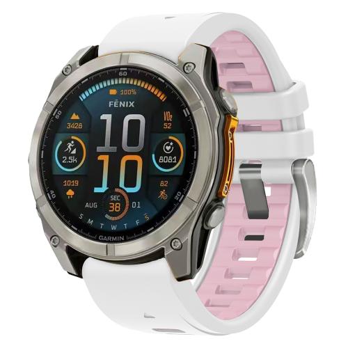 

For Garmin Fenix 8 AMOLED 43mm Silver Steel Buckle Quick Release Silicone Watch Band(White Pink)