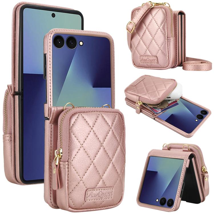 

For Samsung Galaxy Z Flip7 5G AwQuer Crossbody Zipper Wallet Bag Litchi Leather Phone Case(Rose Gold)