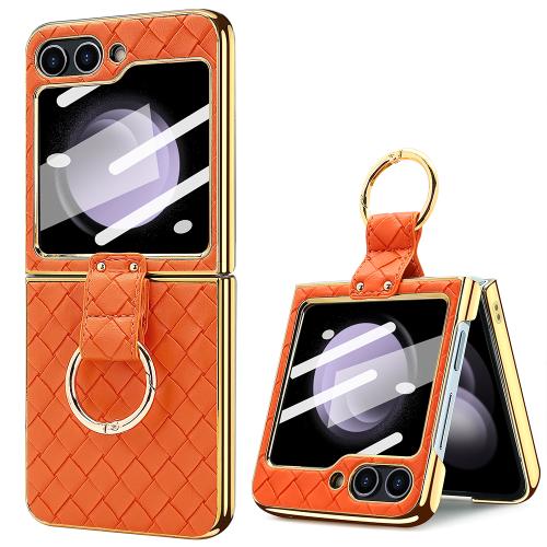 

For Samsung Galaxy Z Flip5 VIETAO Woven Leather Metal Ring Phone Case(Orange)