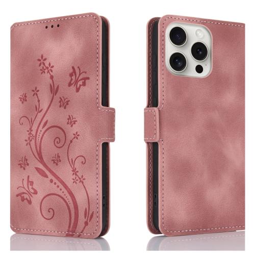 

For iPhone 15 Pro Max Dreamy Butterfly Love Flower Embossed Leather Phone Case(Rose Gold)