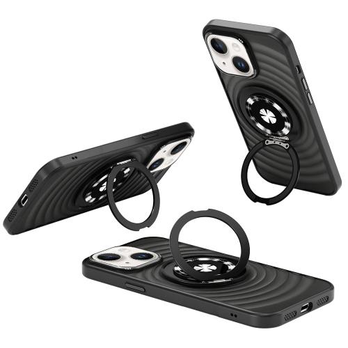 

For iPhone 15 Skin Ripples MagSafe Holder Phone Case(Black)