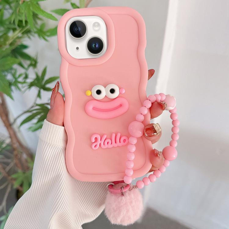 

For iPhone 15 Plus Cartoon Sausage Mouth TPU Phone Case with Bead Chain(Pink)
