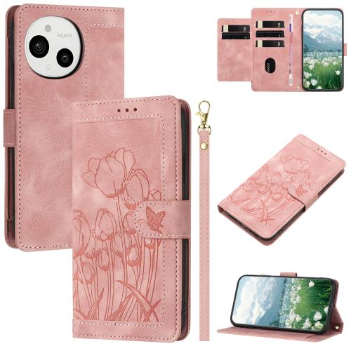 

For Sharp Aquos Sense9 Tulips Embossed Leather Phone Case with Lanyard(Pink)