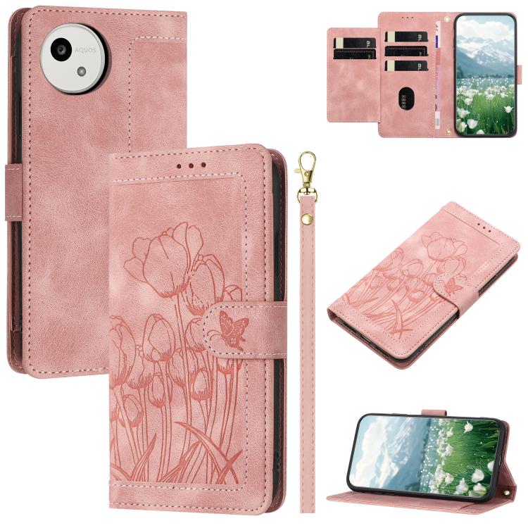 

For Sharp Aquos wish5 Tulips Embossed Leather Phone Case with Lanyard(Pink)