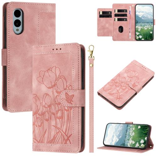 

For Fujitsu Arrows We2 Tulips Embossed Leather Phone Case with Lanyard(Pink)