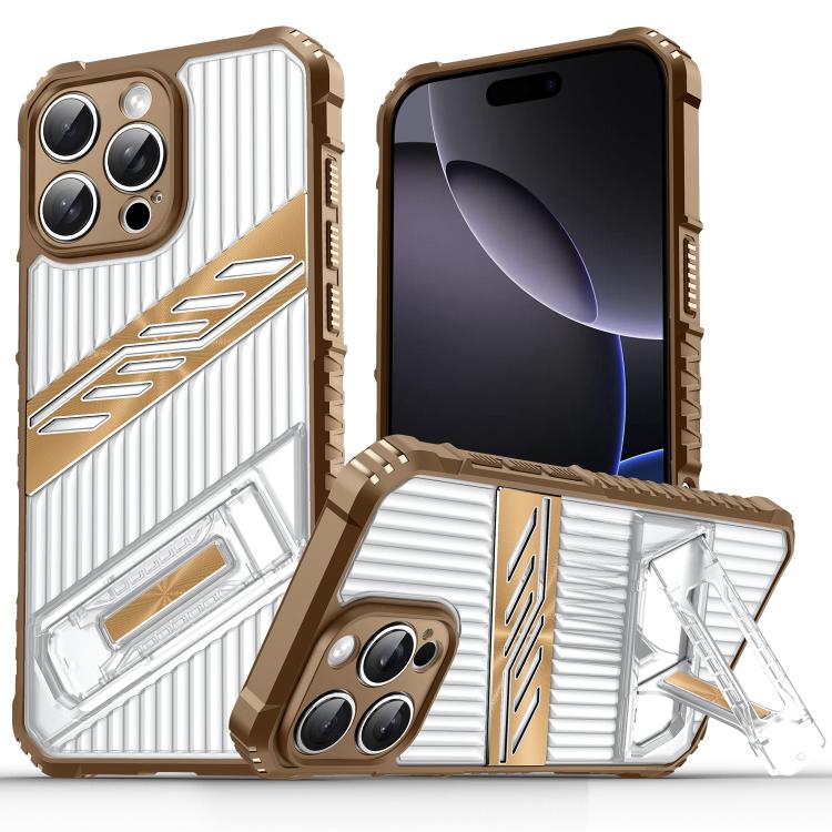 

For iPhone 16 Pro Plating Holder PC Hybrid TPU Phone Case(Desert Gold)