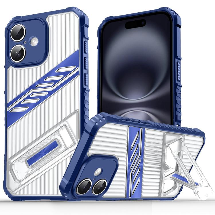 

For iPhone 16 Plus Plating Holder PC Hybrid TPU Phone Case(Navy Blue)