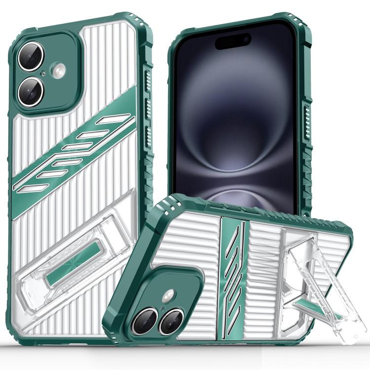 

For iPhone 16 Plating Holder PC Hybrid TPU Phone Case(Dark Green)
