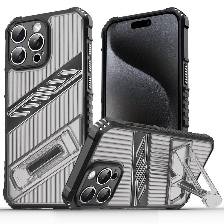 

For iPhone 15 Pro Max Plating Holder PC Hybrid TPU Phone Case(Gray Black)