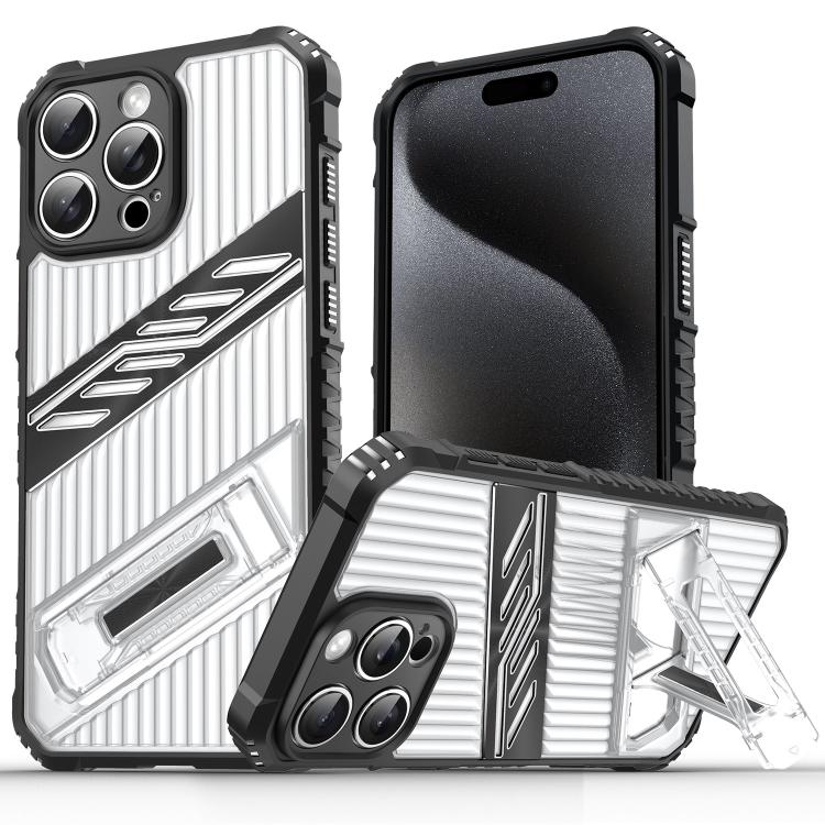 

For iPhone 15 Pro Plating Holder PC Hybrid TPU Phone Case(Transparent Black)