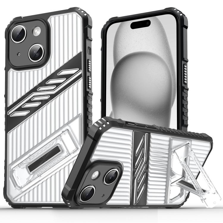 

For iPhone 15 Plus Plating Holder PC Hybrid TPU Phone Case(Transparent Black)