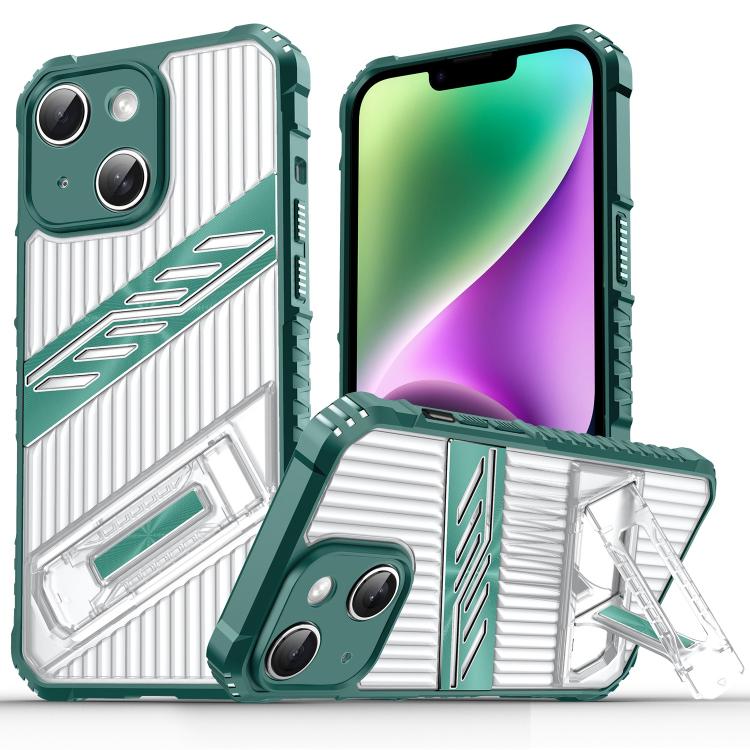 

For iPhone 14 Plating Holder PC Hybrid TPU Phone Case(Dark Green)