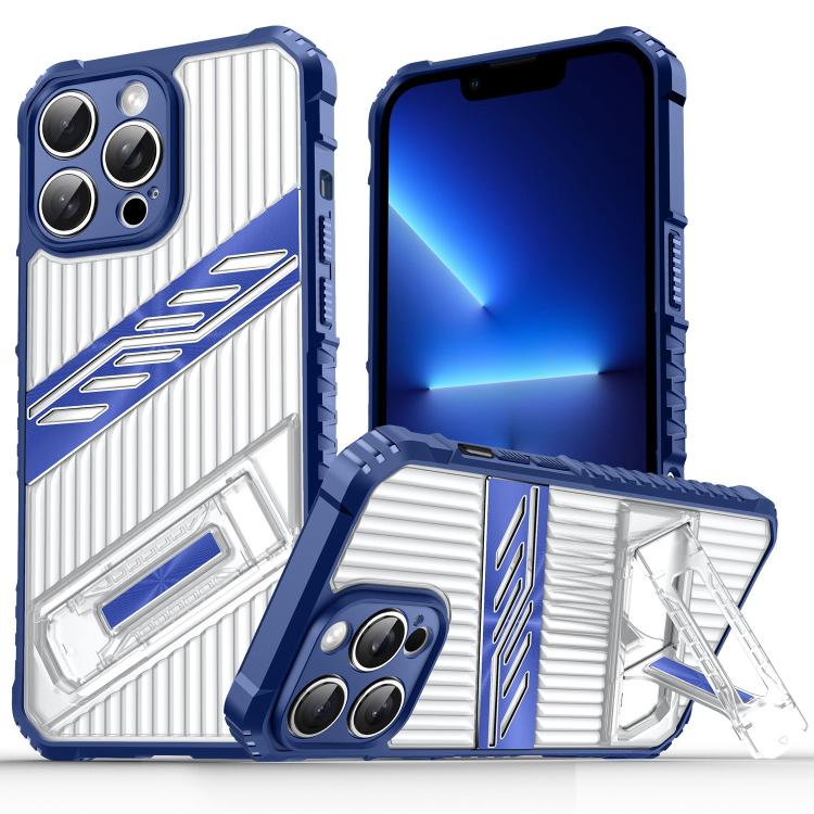 

For iPhone 13 Pro Plating Holder PC Hybrid TPU Phone Case(Navy Blue)