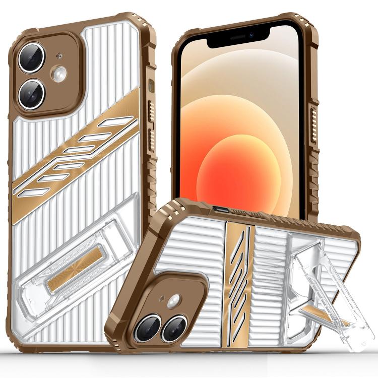 

For iPhone 12 Plating Holder PC Hybrid TPU Phone Case(Desert Gold)