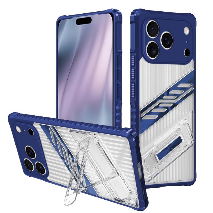 

For iPhone 17 Pro Max Plating Holder PC Hybrid TPU Phone Case(Navy Blue)