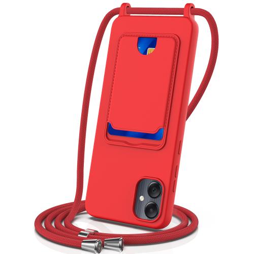 

For Samsung Galaxy M05 / F05 Integrated Card Bag Solid Color Liquid Silicone Phone Case with Lanyard(Red)