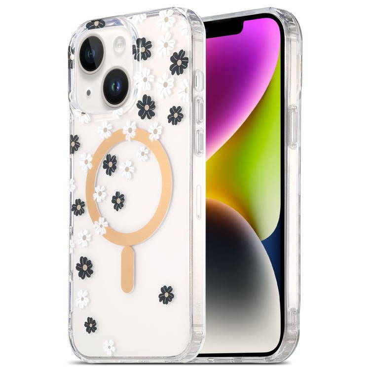 

For iPhone 14 Plus Dual-side Laminating IMD MagSafe Phone Case(Black and White Daisy)