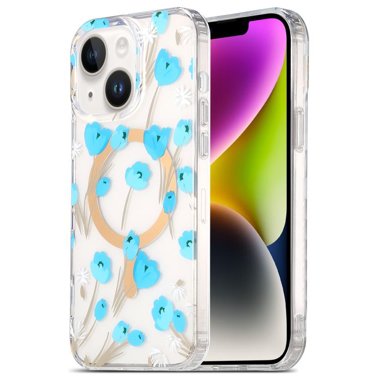 

For iPhone 14 Plus Dual-side Laminating IMD MagSafe Phone Case(Blue Flowers)