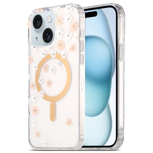 

For iPhone 15 Dual-side Laminating IMD MagSafe Phone Case(Pink and White Daisy)