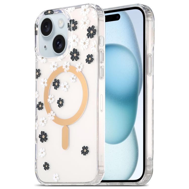 

For iPhone 15 Plus Dual-side Laminating IMD MagSafe Phone Case(Black and White Daisy)