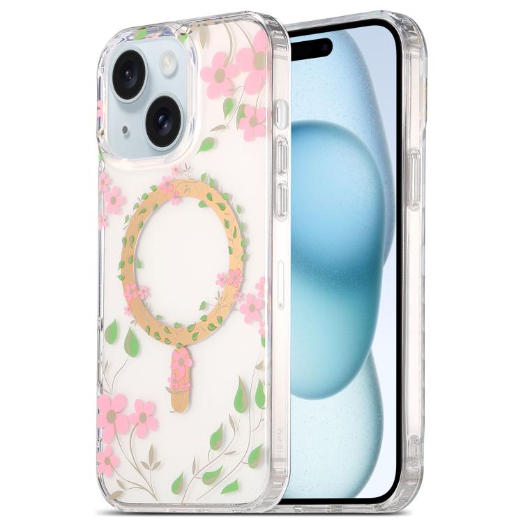 

For iPhone 15 Plus Dual-side Laminating IMD MagSafe Phone Case(Pink Flowers)