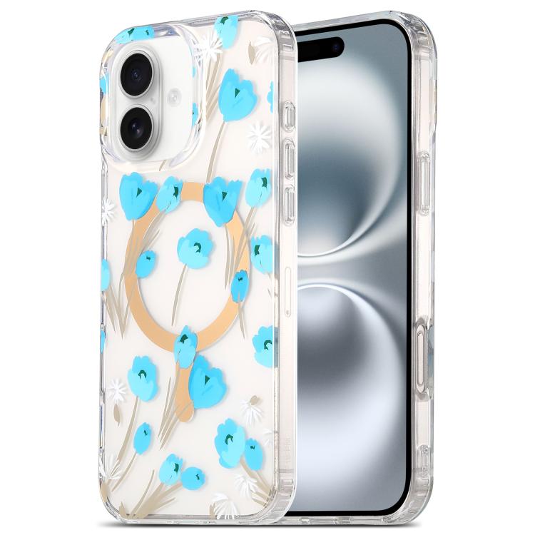 

For iPhone 16 Dual-side Laminating IMD MagSafe Phone Case(Blue Flowers)