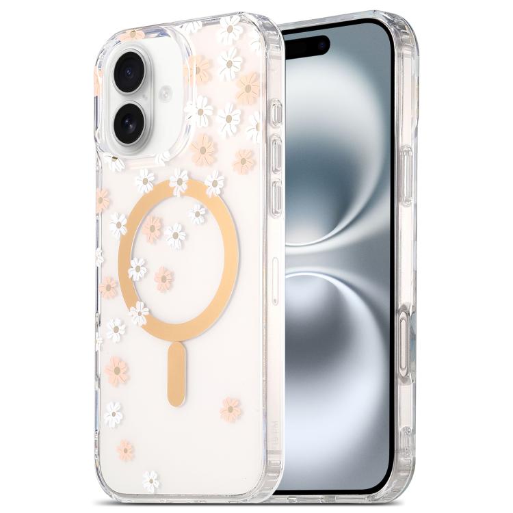 

For iPhone 16 Plus Dual-side Laminating IMD MagSafe Phone Case(Pink and White Daisy)