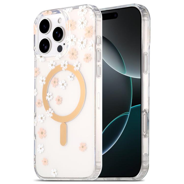 

For iPhone 16 Pro Dual-side Laminating IMD MagSafe Phone Case(Pink and White Daisy)