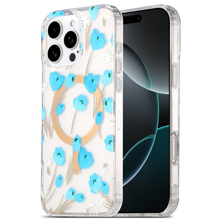 

For iPhone 16 Pro Max Dual-side Laminating IMD MagSafe Phone Case(Blue Flowers)