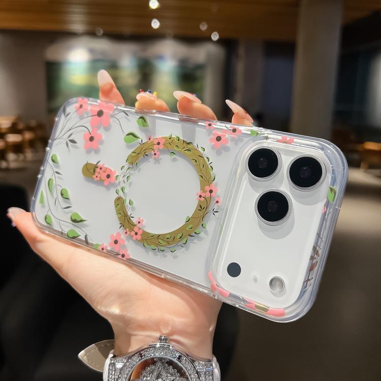 

For iPhone 17 Pro Dual-side Laminating IMD MagSafe Phone Case(Pink Flowers)