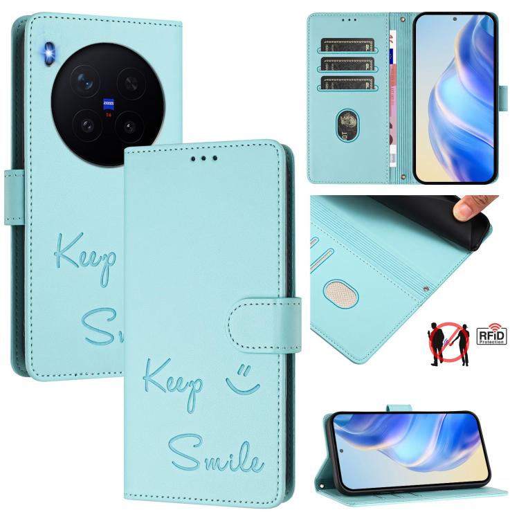 

For vivo X300 Pro 5G Smile Embossing RFID Leather Phone Case(Mint Green)