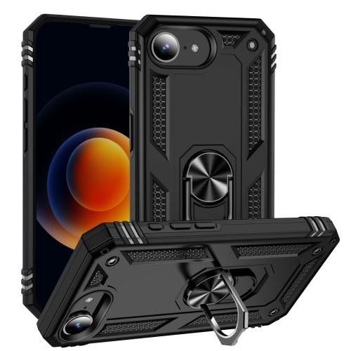 

For iPhone 16e Shockproof TPU Hybrid PC Phone Case with Holder(Black)