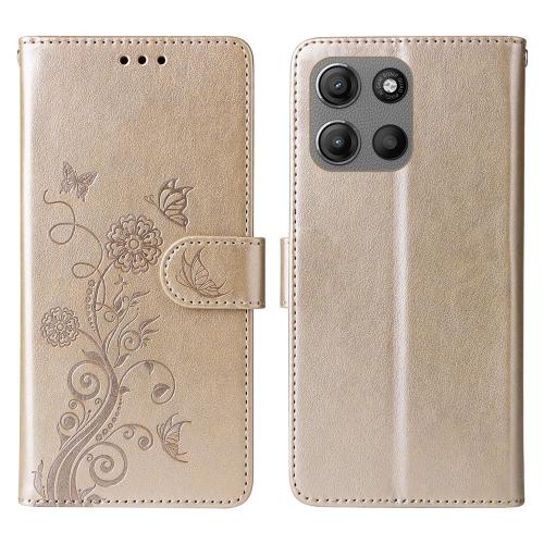 

For Motorola Moto G15 / G15 Power Embossed Butterfly Flowers Leather Phone Case(Gold)