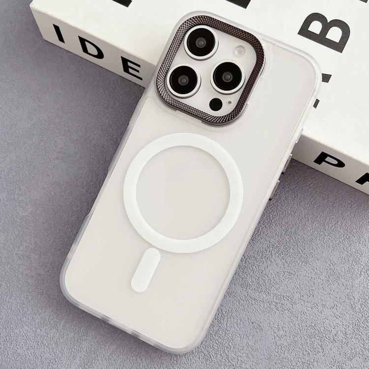 

For iPhone 16 Pro Diamond Lens Frame PC Hybrid TPU MagSafe Phone Case(White)