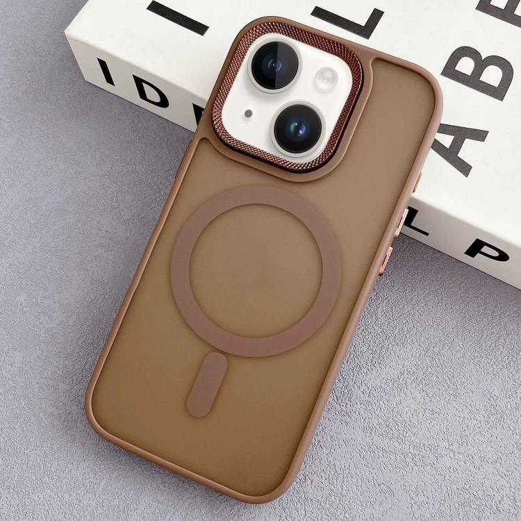 

For iPhone 15 Diamond Lens Frame PC Hybrid TPU MagSafe Phone Case(Desert Gold)