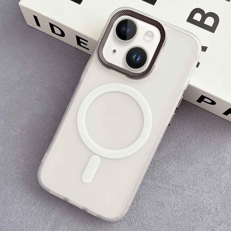 

For iPhone 13 Diamond Lens Frame PC Hybrid TPU MagSafe Phone Case(White)
