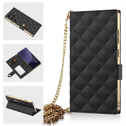 

For Samsung Galaxy S25 Ultra 5G GKK Plating Diamond Texture Leather Phone Case With Crossbody Chain(Black)