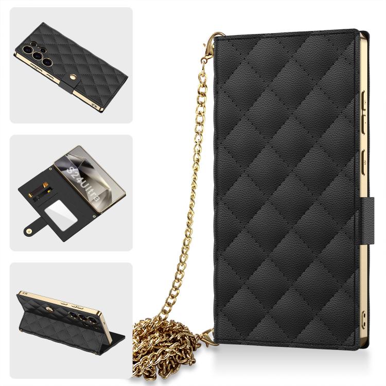 

For Samsung Galaxy S24 Ultra 5G GKK Plating Diamond Texture Leather Phone Case With Crossbody Chain(Black)