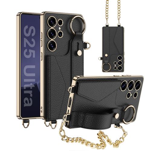 

For Samsung Galaxy S25 Ultra 5G GKK Plating Leather Card Holder Full Coverage Phone Case With Bracelet(Black)