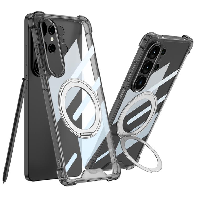 

For Samsung Galaxy S26 Ultra 5G GKK Airbag Full Coverage PC Phone Case with Rotating Holder, Not Included Pen(Transparent Black)