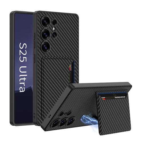 

For Samsung Galaxy S25 Ultra 5G GKK Ultra-thin Leather Card Slots Phone Case With Magnetic Holder(Carbon Fiber Texture)