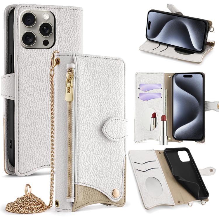 

For iPhone 16 Pro Max Crossbody Chain Fishtail Litchi Leather Phone Case(White)